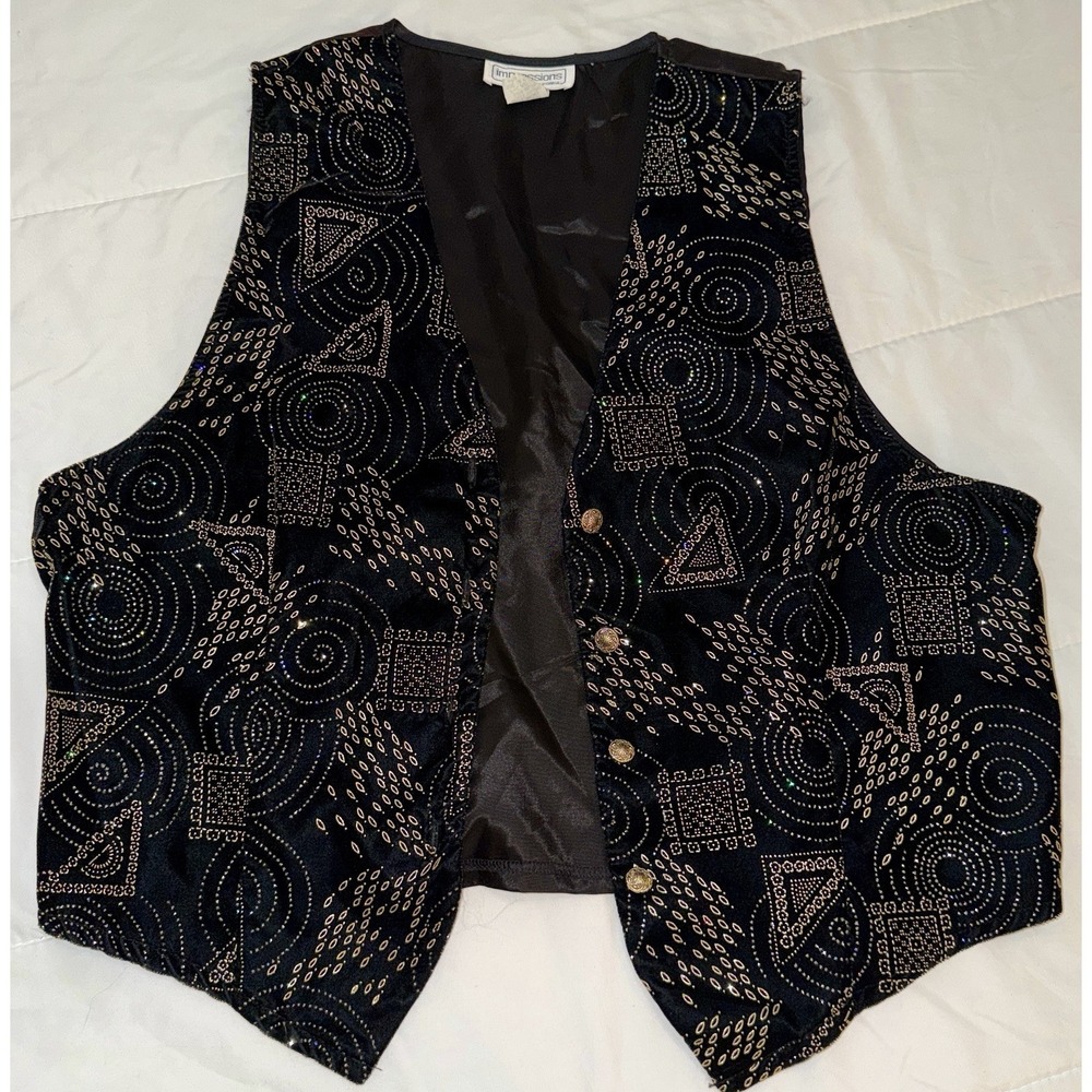 Womens Black Velvet Vest Glitter X-Large Button Up‎ Back Tie Impressions